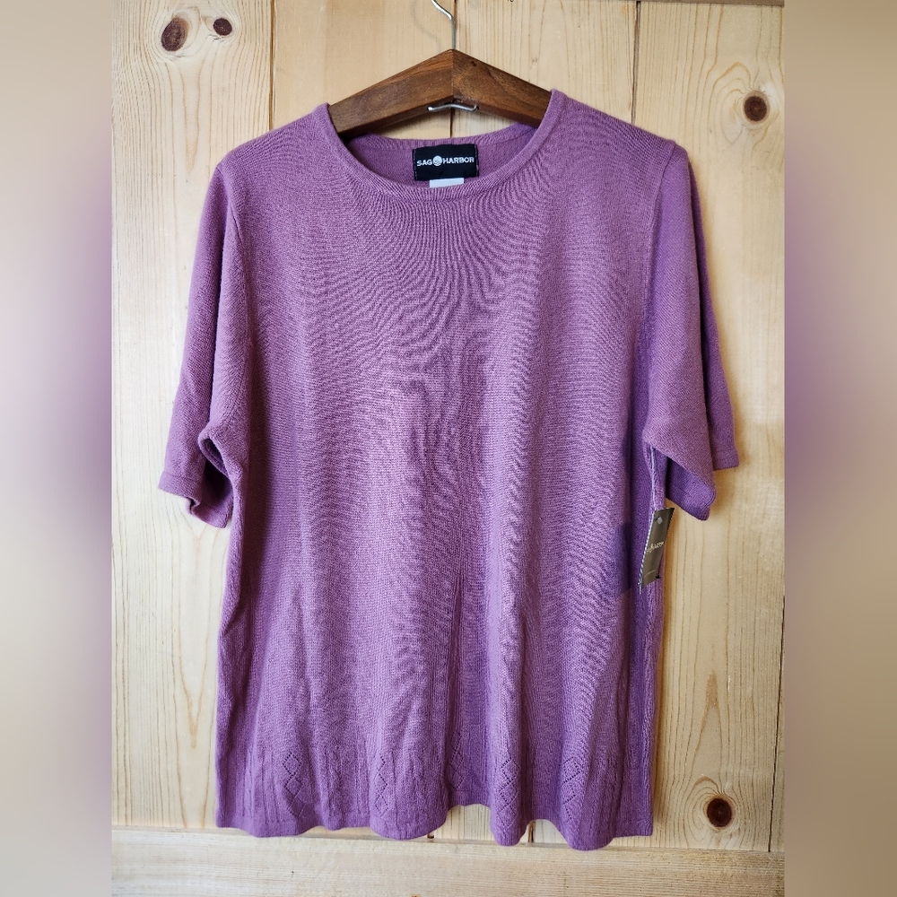 Sag Harbor Purplish Mauve Knit Short Sleeve Open Knit Hem Crew Neck Sweater NWT